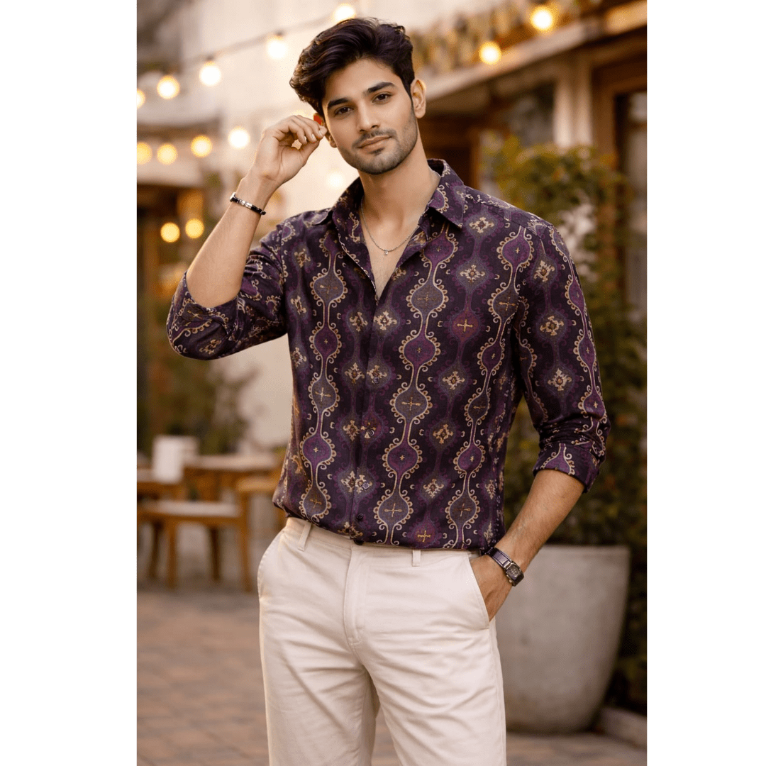 Men's Cream & Purple, Fabric PC Foil Print, Relax Fit, Full Sleeve, Full Length, Length : Full length, Pattern  Abstract Casual Shirt.