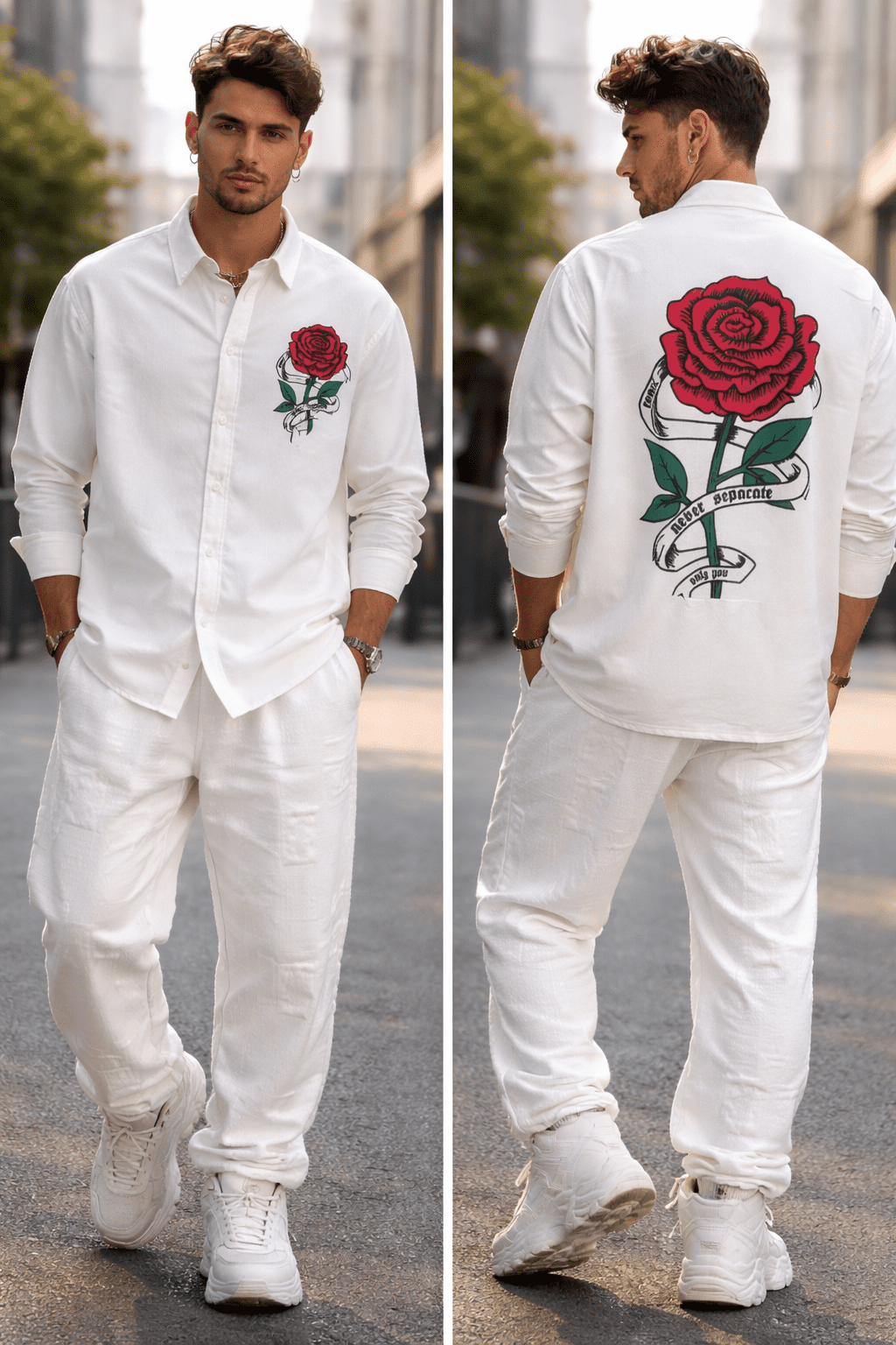 Men’s Full Sleeve Relaxed Fit Casual Co-ord Set (White Rose Print)